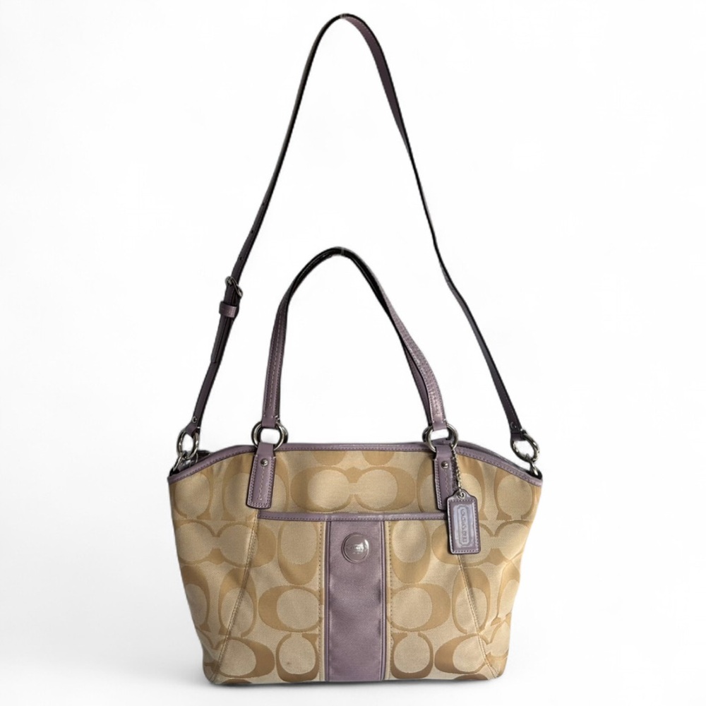 Coach Signature Stripe Pocket Tote Light Khaki & Lavender Purse Crossbody